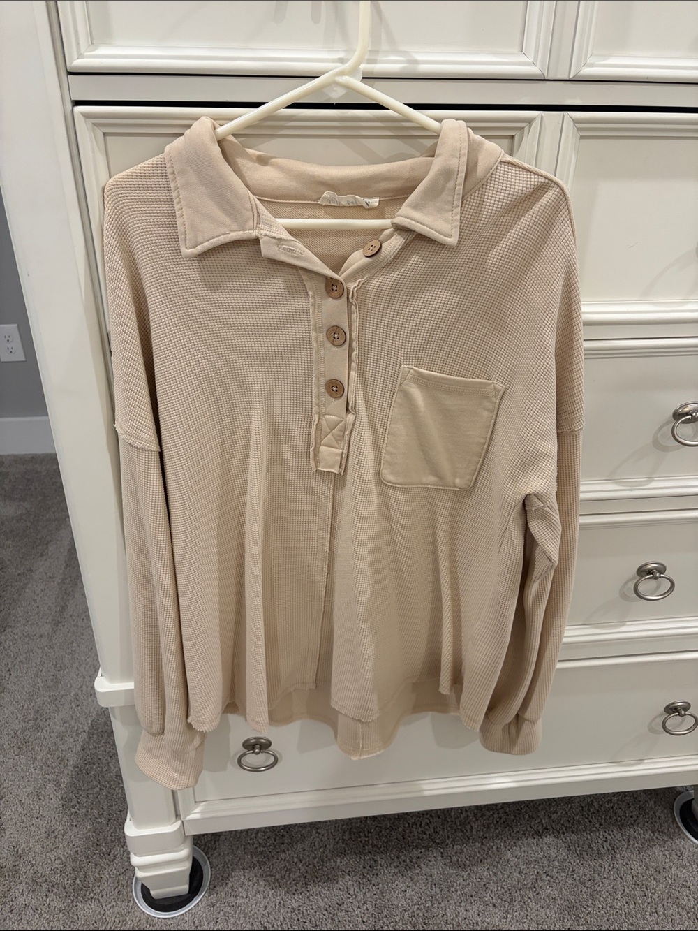 Waffle-Knit Long-Sleeve Henley Top in Beige